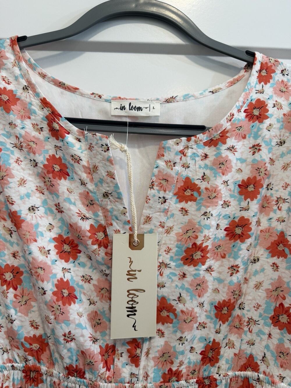 In loom Floral Dress Womens Large Smocked Waist Tiered Short Sleeve Spring Boho